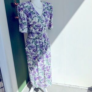 Vintage 80s Big Purple Floral Secretary Dress with Matching Belt